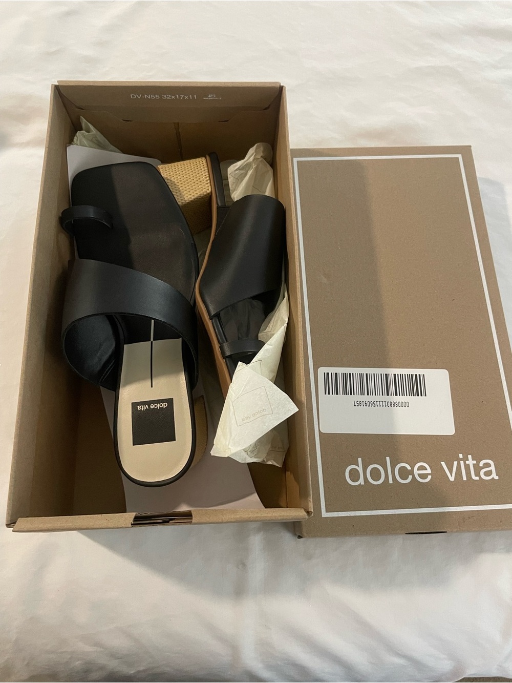 Dolce Vita Black Leather Crisscross Sandal with Woven Block Heel